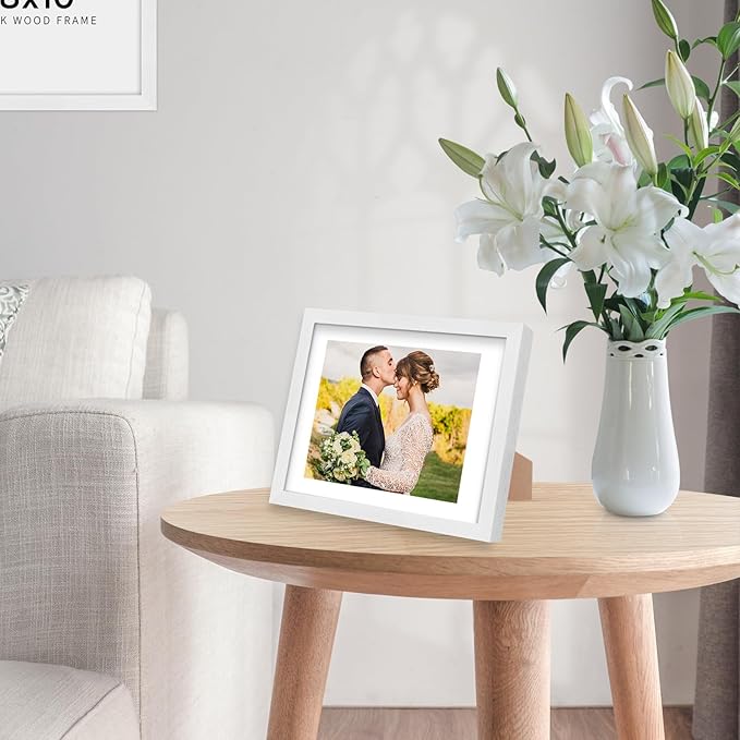 puthiac 8x10 Solid Oak Wood Picture Frame, Fits 6x8 with Mat or 8x10 Without Mat, Wall or Tabletop Display with Stand, Vertical or Horizontal, Plexi Front, 3 Pack, White