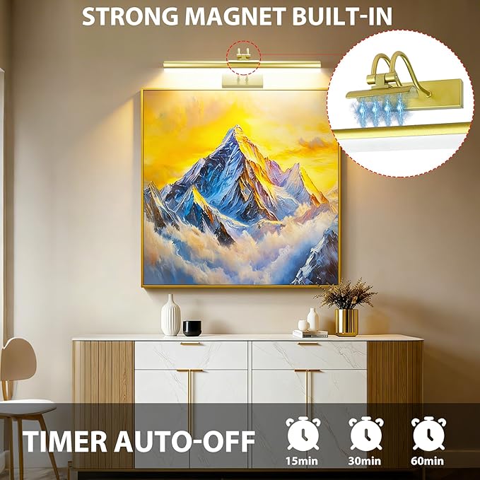 Picture Light,Wireless Art Light Stick-On,Magnetic Wall Light,Battery Accent Light with Timer and Dimmable for Painting,Frame,Portrait,Artwork-Gold 16"