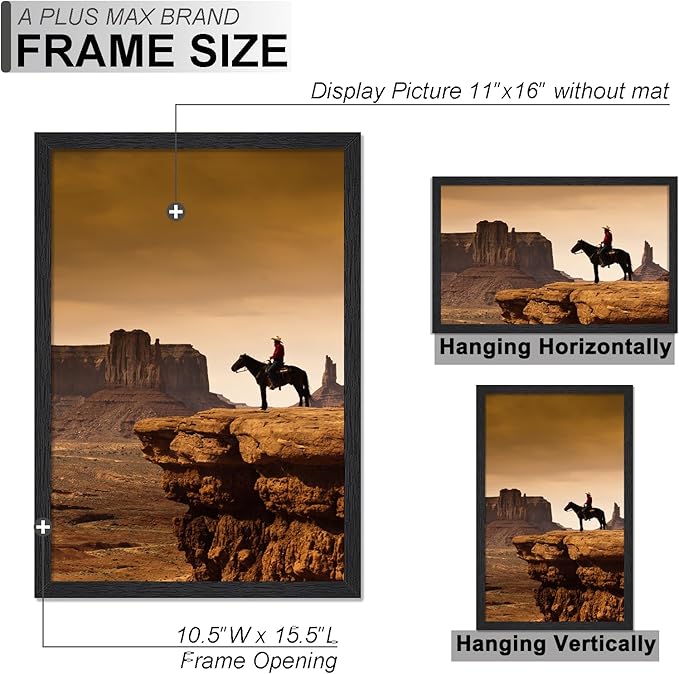 A PLUS MAX 11x16 Picture Frame Set of 3, Black Engineered Wood Frame for 11 x 16 Inch Picture Poster Photo, Light Weight 11 by 16 Frame with Wood-grain for Wall - 3 Pack/Black/11 x16