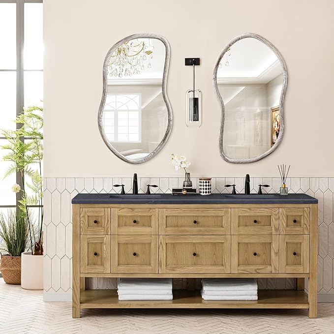 Asymmetrical Mirror Irregular Wall Mirror Farmhouse Wood Asymmetrical Mirrors for Wall Unique Art Mirrors for Bathroom Entryway Bedroom Living Room Rustic White