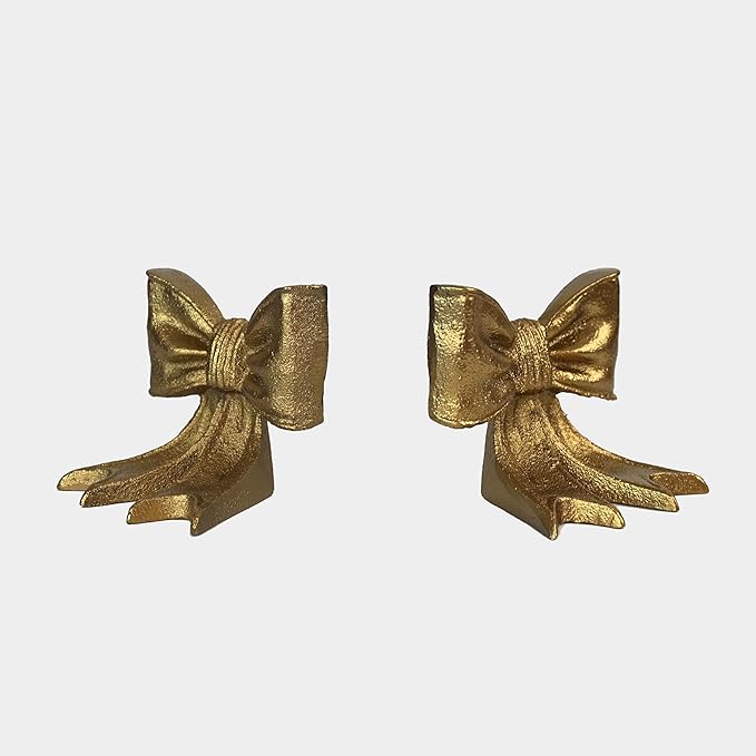 Gold Bow Metal Bookends Set of 2 Heavy Duty Cast Iron Book Ends for Heavy Books Unique Modern Decorative Book Holders for Shelves Home Accent Decor