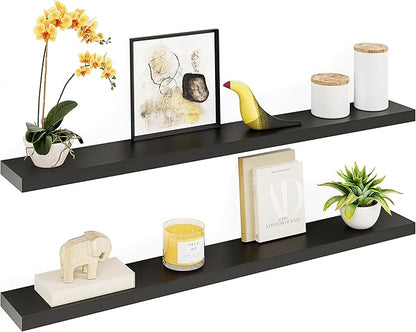 Ballucci Floating Shelves for Wall, 55 inch 2-Tier Black Shelf, Invisible Brackets, Wood Wall Shelf for Living Room, Bedroom, Kitchen Organizer, Clearing Clutter