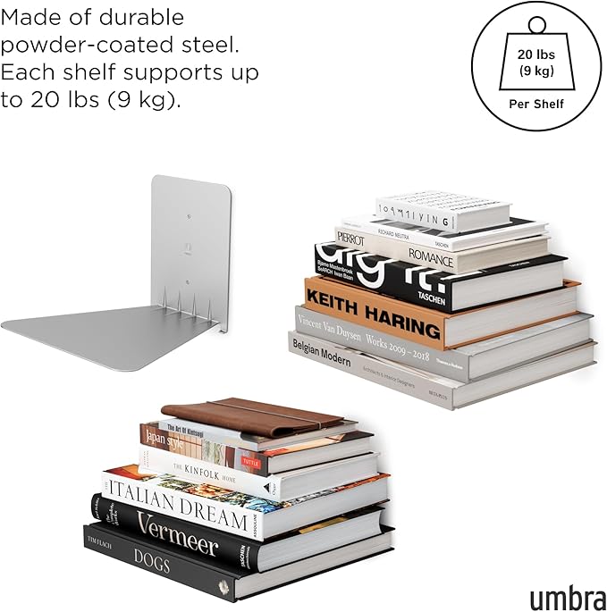 Umbra Conceal, Sturdy Metal Floating Bookshelf for Wall, Silver, Large, Set of 3