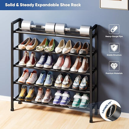 Abiglifty 5-Tier Expandable Shoe Rack,17"-33" Adjustable Shoe Rack for Closet,Metal Shoes Shelves for Front Door Entrance, Garage & Corridor, Free Standing Shoe Holders, Easy to Assemble,Black