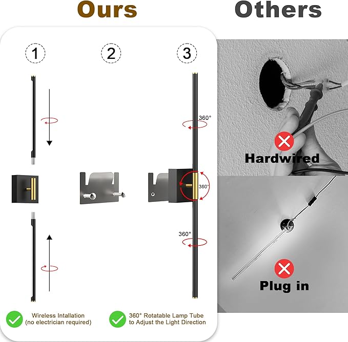 31.5 Inch Battery Operated Wall Sconce Set of Two, 8000mAh USB Rechargeable Wall Sconce with Remote Control, 360°Rotate Dimmable 3000K-6000K LED Wall Lights for Living Room, Hallway, Bedroom, (2 Pack)