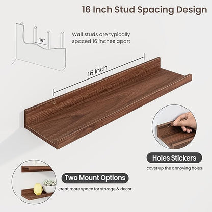 Axeman Picture Ledge Shelf | 24 Inch Walnut Floating Shelves Set of 3 | Rustic Wood Wall Shelves with Lip | 24" Walnut Picture Shelf for Wall with Ledge | Photo Shelves