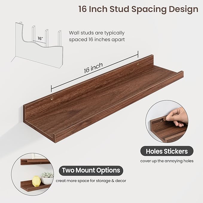 Axeman Picture Ledge Shelf | 24 Inch Walnut Floating Shelves Set of 3 | Rustic Wood Wall Shelves with Lip | 24