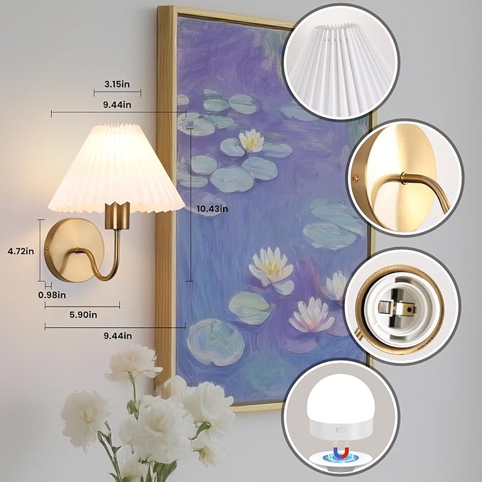 Rechargeable Battery Operated Wall Sconces Set of 2 Brushed Brass Wall Lights with Remote Dimmable Pleated Shades Wall Lamp 15 Colors Wireless Bathroom Vanity Light for Bedroom Living Room Hallway