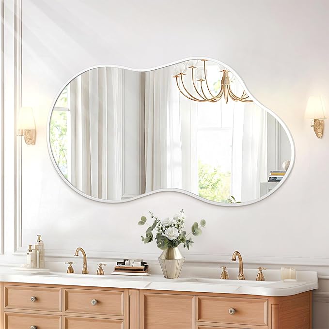 JJUUYOU Mirrors for Wall Metal Framed Decorative Irregular Large Mirrors 26"x47" Asymmetrical for Bathroom Bedroom Living Room Dressing Room Entryway White