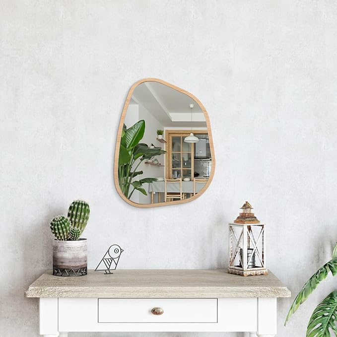 Irregular Bathroom Mirror Modern Wall Mirror Asymmetrical Wooden Framed Wall Mirror Unique Shape Wall Mounted Vanity Artistic Mirror Decor for Living Room Bedroom Entryway Small 16