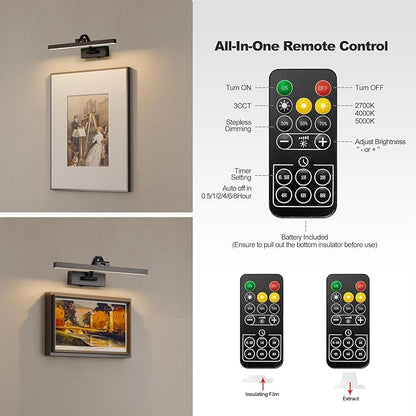 LED Wireless Picture Light with Remote Control,USB Rechargeable Battery Powered Art Lamps,Dimmable,270° Rotate,Timing,15.5 Inch Black Wall Lights for Paintings,Picture Frame,Gallery
