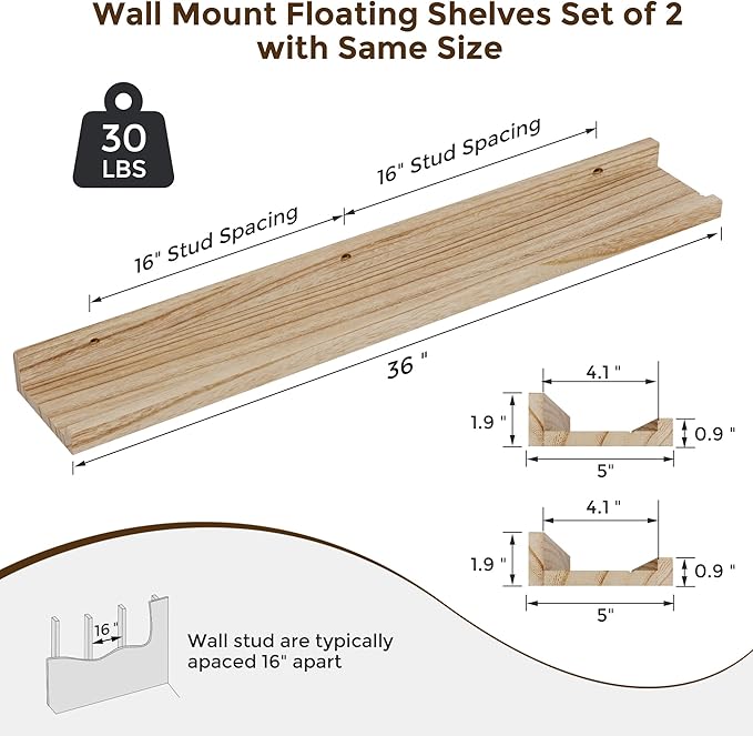 RICHFOCUS Floating Shelves for Wall, 36 inch Solid Wood Picture Ledge Shelf for Wall Storage, Nursery Book Shelves with Lip for Living Room Bathroom Bedroom Kitchen, Set of 2, Carbonized Black