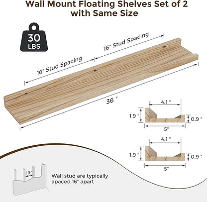 RICHFOCUS Floating Shelves for Wall, 36 inch Solid Wood Picture Ledge Shelf for Wall Storage, Nursery Book Shelves with Lip for Living Room Bathroom Bedroom Kitchen, Set of 2, Carbonized Black