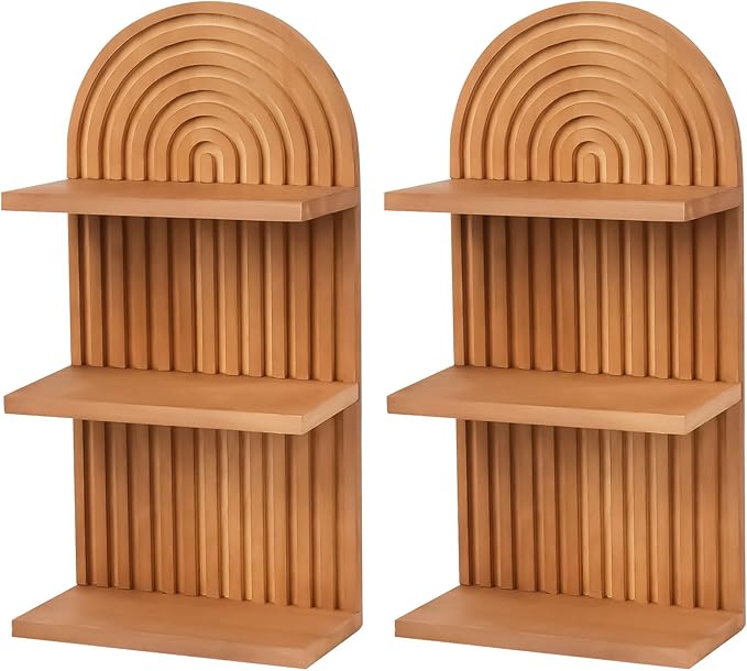 2 PCS Boho Wall Shelf with Screws, Wooden Rainbow Wall Shelves Mid Century Boho Arch Shelf, Boho Decor Shelves for Bathroom, Bedroom, Kitchen Decoraction and Storage (Wood-05)