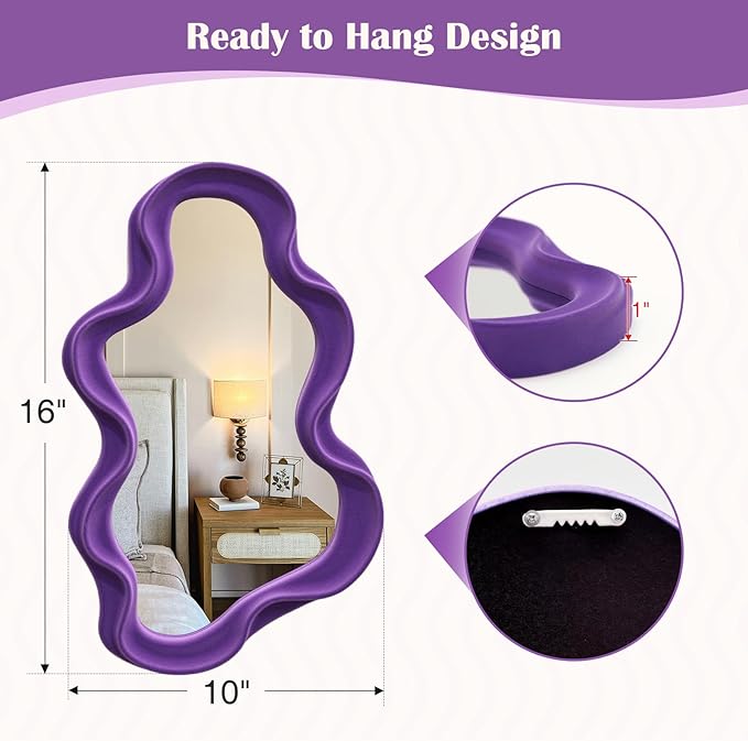 Purple Wavy Mirror Mirror for Girly Bedroom Decoration, Asymmetrical Cloud-Shaped Decorative Funky Mirrors for Modern Vintage Home Office Living Room Housewarming Birthday Gift