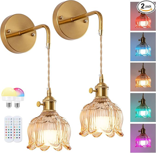 Vintage Battery Operated Wall Sconce Set of 2, Amber Glass Lampshade Wireless Rechargeable Battery Powered Wall Light, RGB Wall Sconce Fixtures for Bedroom, Living Room