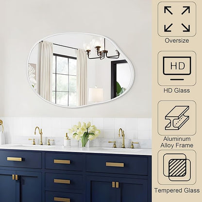 Asymmetrical Bathroom Mirror Irregular Wall Mirror Modern Metal Frame Unique Shape Wall Mounted Vanity Artistic Mirrors Decorative for Living Room Bedroom Entryway 22"x30" Large White
