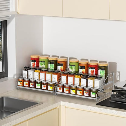 4 Tier Spice Rack Organizer for Cabinet, Spice Rack Organizer, Depth Adjustable Spice Organizer for Cabinet, Countertop, Cupboard, Pantry, Seasoning Shelf, Metal, Gray (2 Pack)