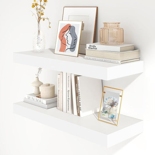 30 Inch Floating Shelves | 12 Inch Deep White Floating Shelves Set of 2 | 30" W x 12" D Rustic Wood Shelves for Wall | Deep White Shelves for Living Room Bathroom Laundry Room Kitchen