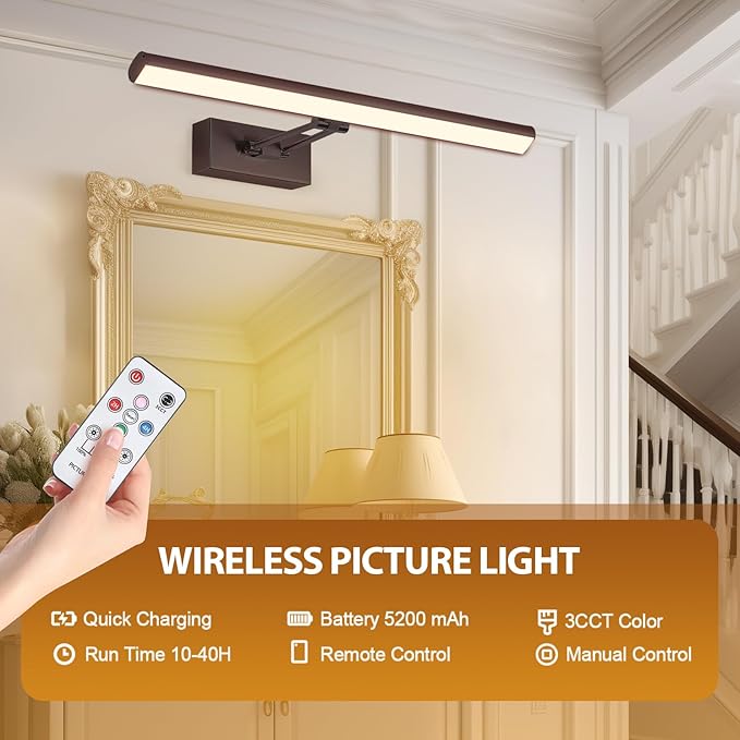 Picture Light,17.5" Picture Frame Light,Art Light, Picture Light Battery Operated,3CCT Picture Lights for Wall,Wireless Picture Lights with Remote for Wall Display, Photo,Library (Bronze)