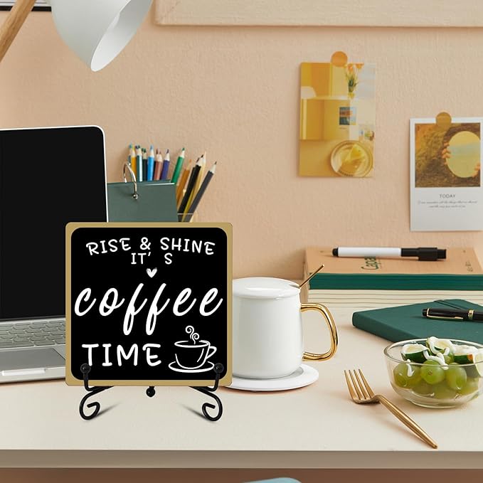 2Pcs Coffee Bar Sign Decorations, Black and White Coffee Sign Decor with Iron Stand Wooden Coffee Bar Decor Tabletop Shelf Accessories, Coffee Decorations for Coffee Bar Coffee Station Home Farmhouse