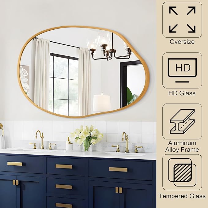 Gold Irregular Metal Framed Bathroom Mirror for Wall, Large 26