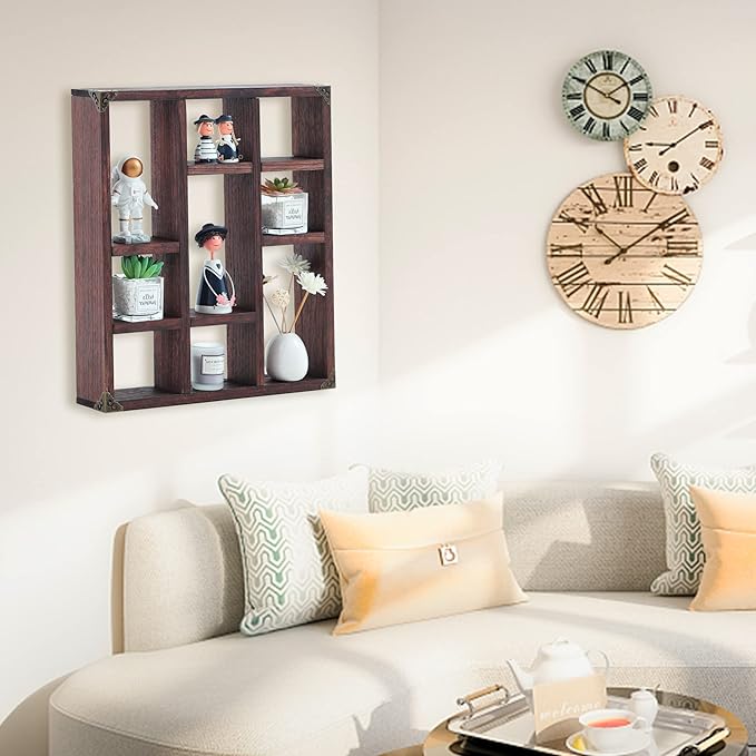 17.7x15.7-Inch Shadow Box Shelf 9-Slot Rustic Floating Shelves Larger Wall Mounted Shelf Lightweight Solid Wood Display Shelf Freestanding Farmhouse(9C-Rustic Walnut)