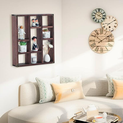 17.7x15.7-Inch Shadow Box Shelf 9-Slot Rustic Floating Shelves Larger Wall Mounted Shelf Lightweight Solid Wood Display Shelf Freestanding Farmhouse(9C-Rustic Walnut)