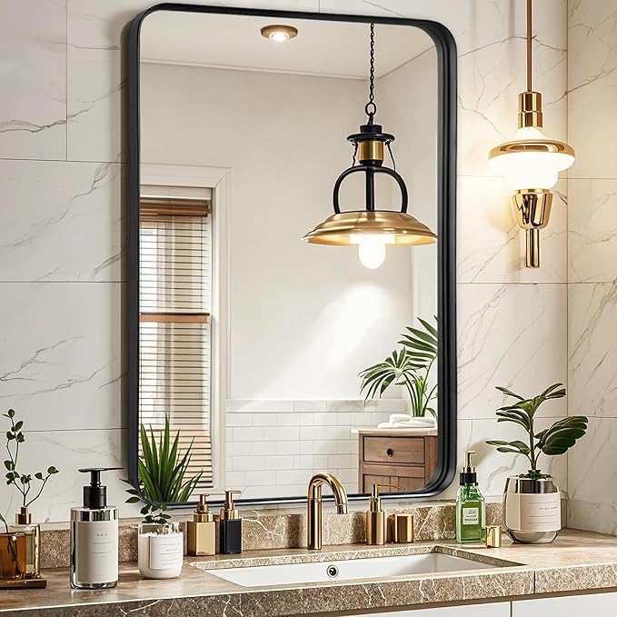 Black Mirror for Bathroom Wall - 26x38 Inch Bathroom Mirrors Over Sink with Rectangular Metal Frame, Black Vanity Rectangle Mirror for Restroom, Hallway, Home Office