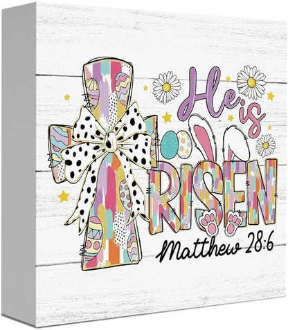 Funny Easter Christian Sign Easter Bunny Decor Religious Jesus Rabbit Cross Decor Decorations for Home Office Desk Tiered Tray He Is Risen Matthew 28:6 Sign 5 X 5 Inch