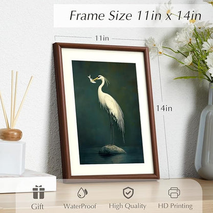 InSimSea Framed Canvas Wall Art with Mat, Vintage Heron Animal Wall Art for Living Room Bedroom Office, Retro Bathroom Prints Artwork Pictures, Home Decor Aesthetic, 11x14 Inch(Walnut)