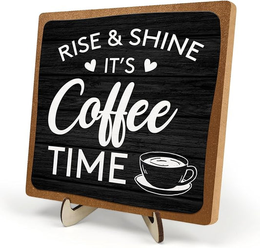 Coffee Bar Decor Sign, Coffee Bar Accessories, Funny Coffee Bar Desk Decor, Rustic Wooden Plaque Coffee Sign Farmhouse Coffee Bar Derco Signs For Coffee Station, Coffee Shelf Decor(Black+Brown05)