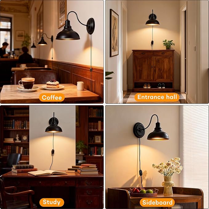 Lightess Plug in Wall Sconces, Farmhouse Sconce with Dimmer, Black Barn Wall Light Fixture with Dimmable Switch on The Cord, Industrial Gooseneck Wall Lamp, Set of Two