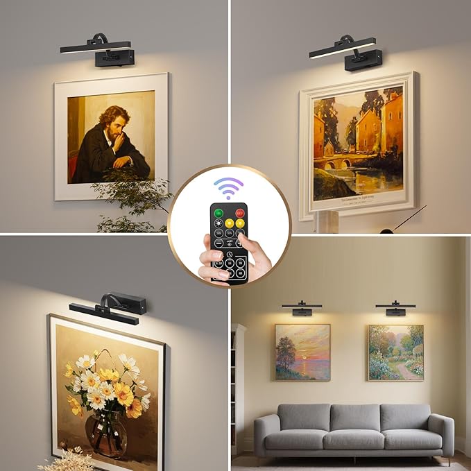 LED Wireless Picture Light with Remote Control,USB Rechargeable Battery Powered Art Lights,Dimmable,Timing,Black Wall Lights for Paintings,Picture Frame,Gallery(Black, 11.62inch)