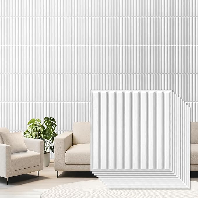 Qidejoy 33 Pcs 3D PVC Slat Wall Panels 12X12in Fluted Textured Paneling Modern Decorative Tiles Cuttable Paintable DIY Wall Art for Interior Décor, Bedroom, Ceiling, TV Background, Bathroom (White)