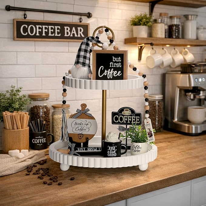 Cute Farmhouse Coffee Bar Decor Set for Tiered Tray, Rustic Black White Coffee Decorations with Gnome, Bead Garland & Rolling Pin, Coffee Bar Accessories for Kitchen Counter