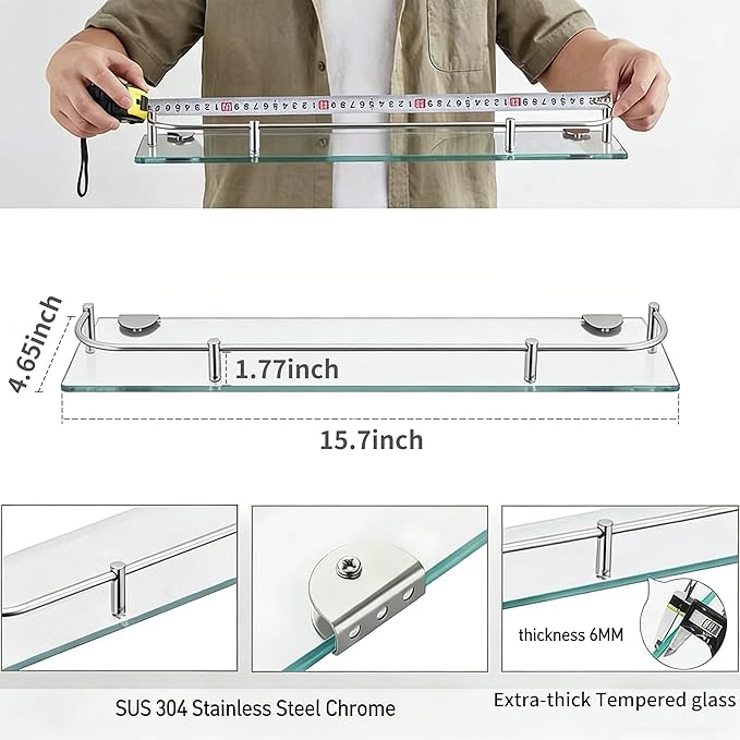 Glass Bathroom Shelves, Rectangular Tempered Glass Floating Shelves for Wall with 304 Stainless Steel Rail and Zinc Alloy Bracket, 2 Pack