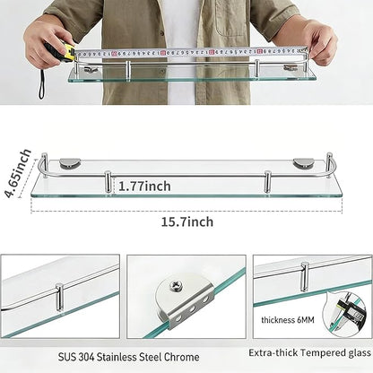 Glass Bathroom Shelves, Rectangular Tempered Glass Floating Shelves for Wall with 304 Stainless Steel Rail and Zinc Alloy Bracket, 2 Pack