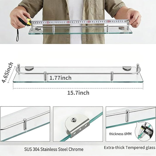 Glass Bathroom Shelves, Rectangular Tempered Glass Floating Shelves for Wall with 304 Stainless Steel Rail and Zinc Alloy Bracket, 2 Pack