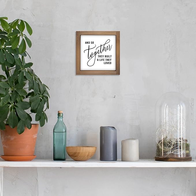 And So Together They Built A Life They Loved Sign, 6 Inch Wooden Love Decor for Couples Family, Indoor Table Top Tiered Tray Wall Art Shelf Desk Kitchen Rustic Farmhouse Decorations for Home