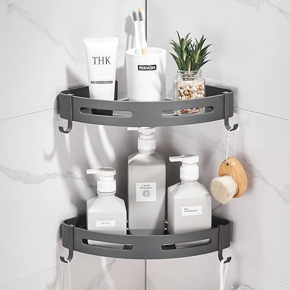 Hoomtaook 2-Tier Corner Shower Shelf No Drilling Bathroom Shelves Shower Caddies Adhesive Bath Corner Shelf Wall Mounted Bathroom Shower Caddy Organizer - Dark Grey