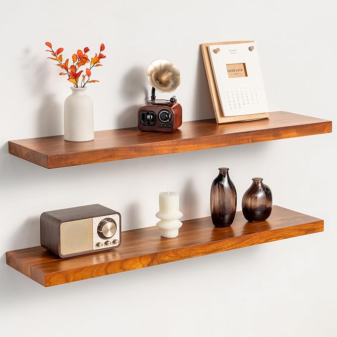 Teak Floating Shelves Set of 2-32 Inch Natural Waterproof Wood Wall Shelves with Invisible Brackets for Bathroom, Kitchen, Balcony - Solid Teak Wood Shelving, Water-Resistant Wall Decor