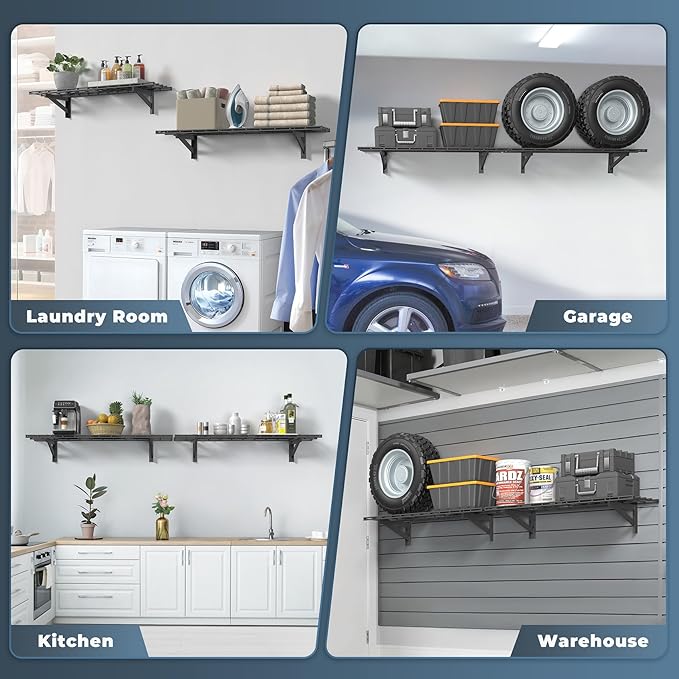 2 Pack Heavy Duty Garage Wall Shelving Set (1x4ft), Wall Mounted Garage Shelves 700lbs Capacity, 12