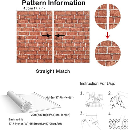 Cohoo Home Red Brick Wallpaper Peel and Stick Contact Paper 18inW 787inL Faux 3D Brick Contact Paper Self Adhesive Removable Wallpaper Backsplash Wrapping Fireplace Wall Sticky Waterproof Vinyl