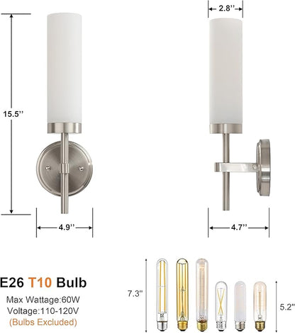 Wall Sconces Set of Two,Brushed Nickel Bathroom Sconces Wall Lighting with White Glass, Modern Sconces Wall Decor Set of 2 Wall Light fixtures for Bathroom Mirror Living Room Hallway Bedroom Wall Lamp