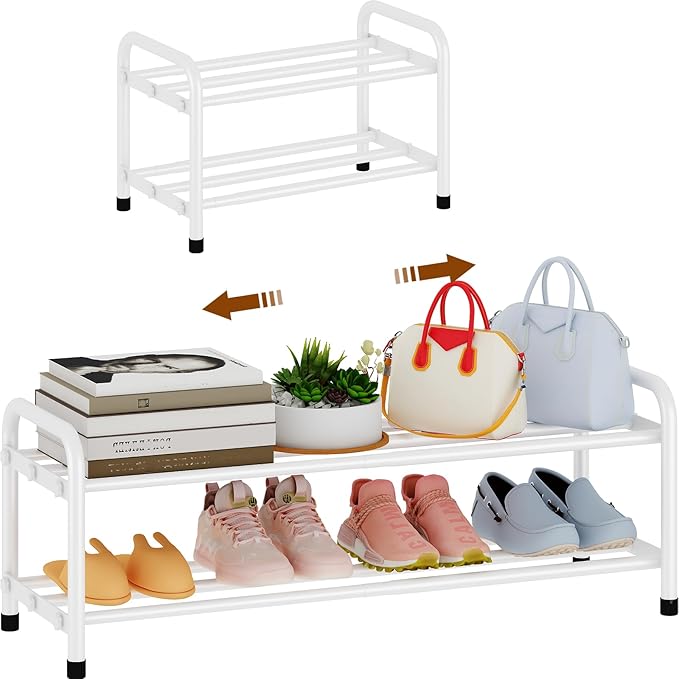 KANAV 2-Tier Expandable Shoe Rack, Heavy Duty Adjustable Metal Shoe Organizer for Closet & Entryway, Freestanding, Tool-Free Assembly, White