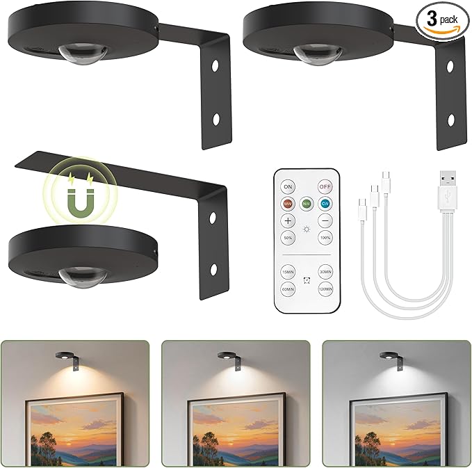 L LOHAS LED Black Wireless Picture Lights for Wall, 3 Pack Magnetic Rechargeable 1200mAh Battery Operated Picture Light with Remote & Timer, Dimmable 3CCT Art Light for Paintings, Frames, Gallery