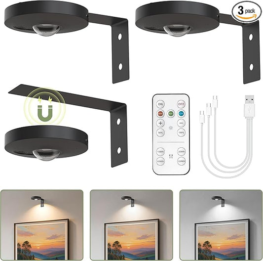 L LOHAS LED Black Wireless Picture Lights for Wall, 3 Pack Magnetic Rechargeable 1200mAh Battery Operated Picture Light with Remote & Timer, Dimmable 3CCT Art Light for Paintings, Frames, Gallery