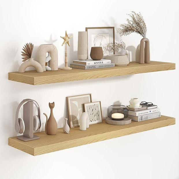 Fun Memories 48 Inch Floating Shelves, 9.3 Inch Deep Wall Shelves for Bathroom, Living Room, Bedroom, Kitchen, Deep Long Shelf Wall Mounted 2 Pack Shelf for Books, Decor, Oak