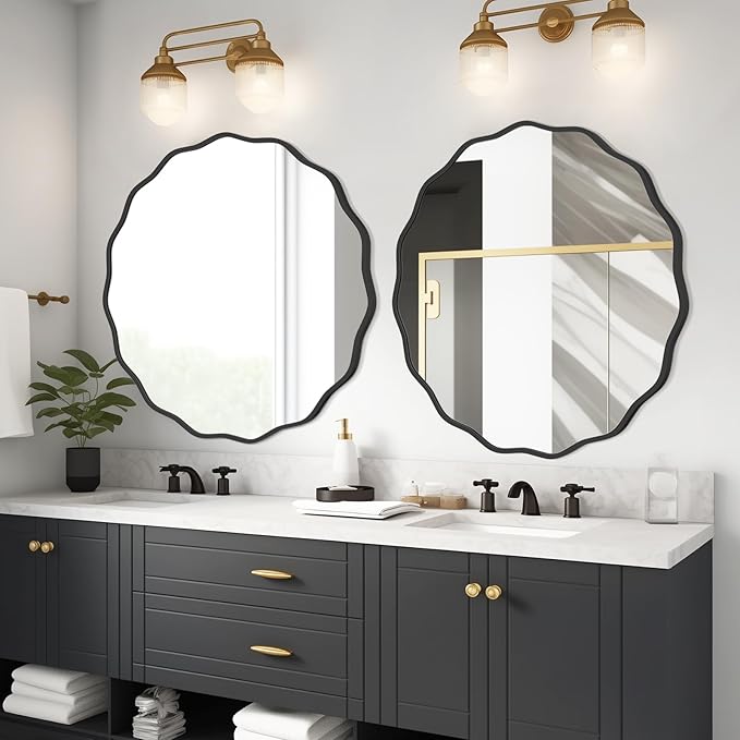 WallBeyond Round Wavy Mirror for Wall Decorative 32 inch, Modern Round Mirror Aluminum Frame for Bathroom Bedroom Living Room Home House Office Entryway, Black